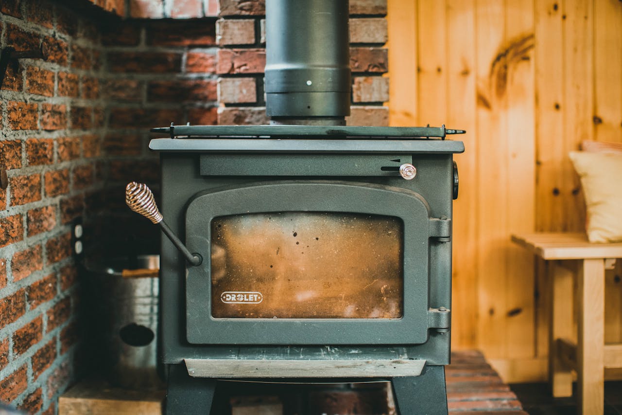 Wood stove inside a small cabin