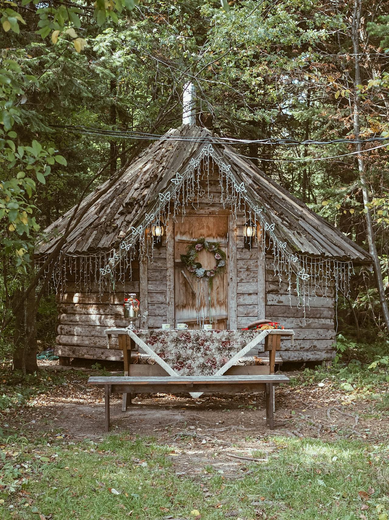 A well-insulated tiny cabin in a forest setting